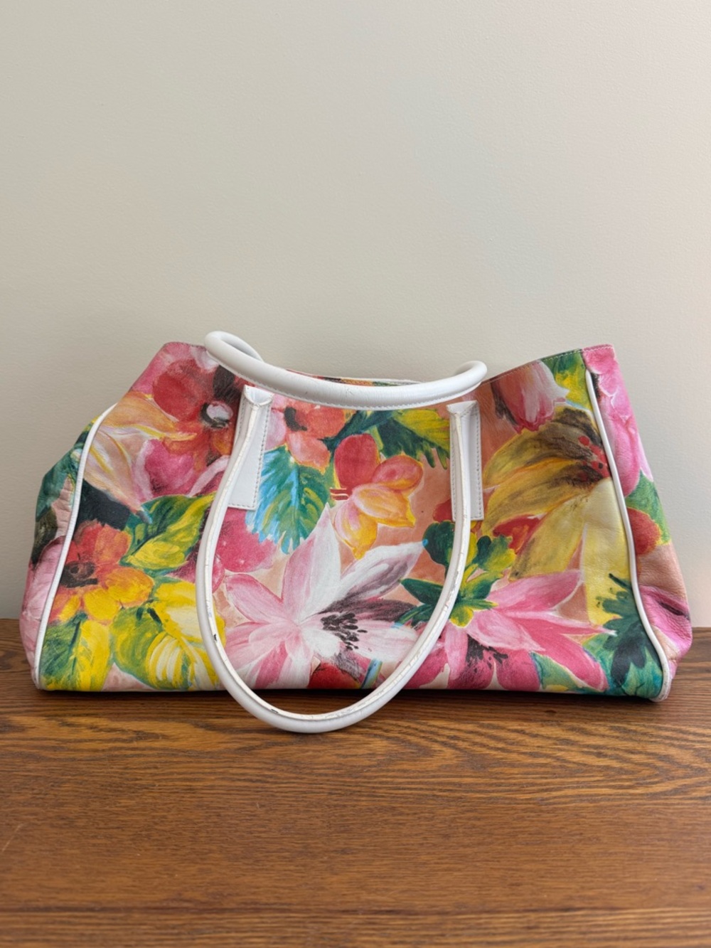 Hand-Painted Floral Italian Leather Tote Bag
